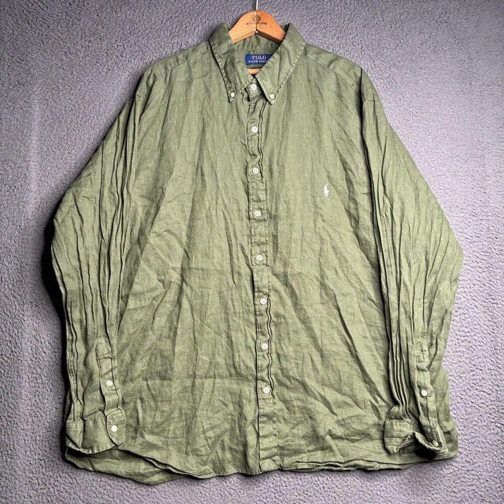 Polo Ralph Lauren Mens 2XB Olive Drab Green Linen RL Untucked Fit Shirt